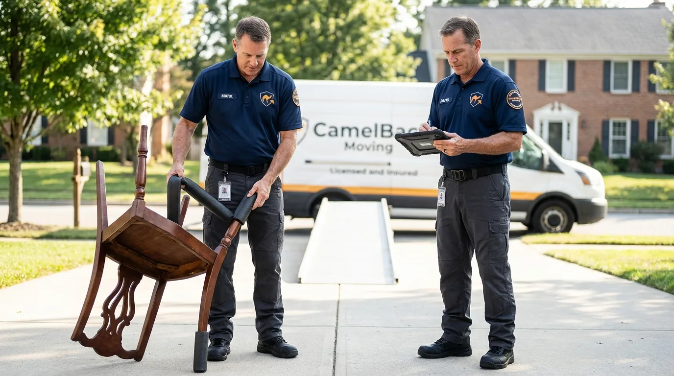 Movers inspecting furniture for damage prevention before loading in Metropolis, IL